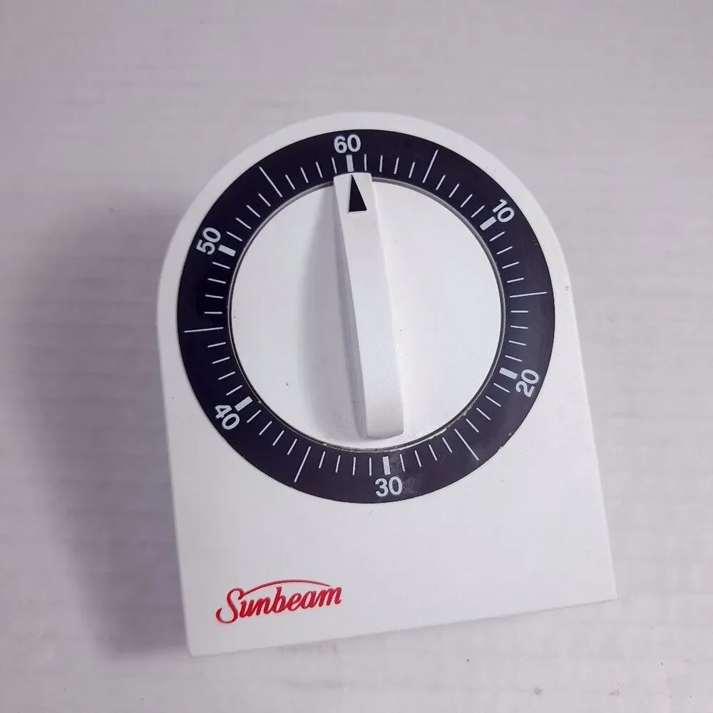 Sunbeam 60 minute kitchen egg timer‎ mechanical white plastic 90353 black dial